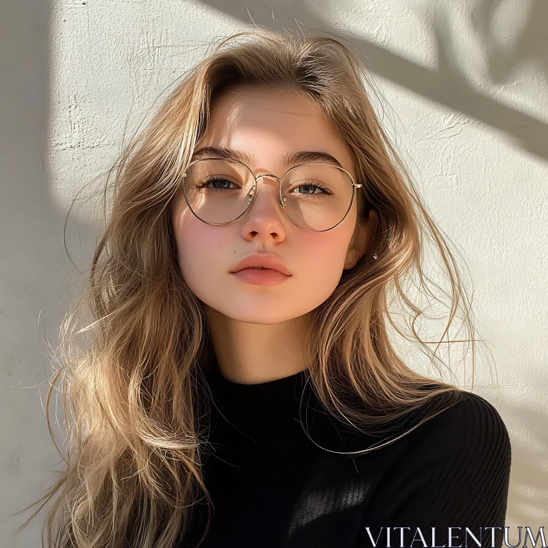 Blonde Woman in Glasses with Sunlit Background AI Image