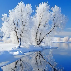Peaceful Snowy Scene with Snow-Laden Trees and Clear River
