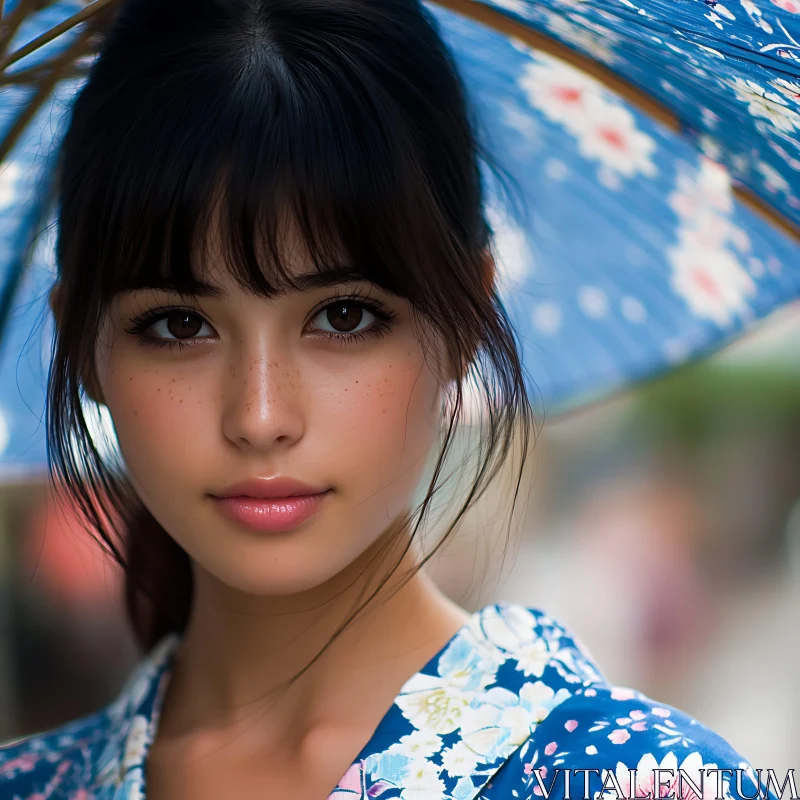 Young Woman in Traditional Kimono with Parasol AI Image