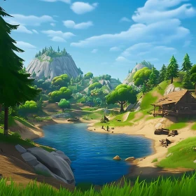 Idyllic River Landscape with Mountains and Cabin