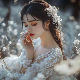 Gentle Woman in Lace Dress Surrounded by White Flowers
