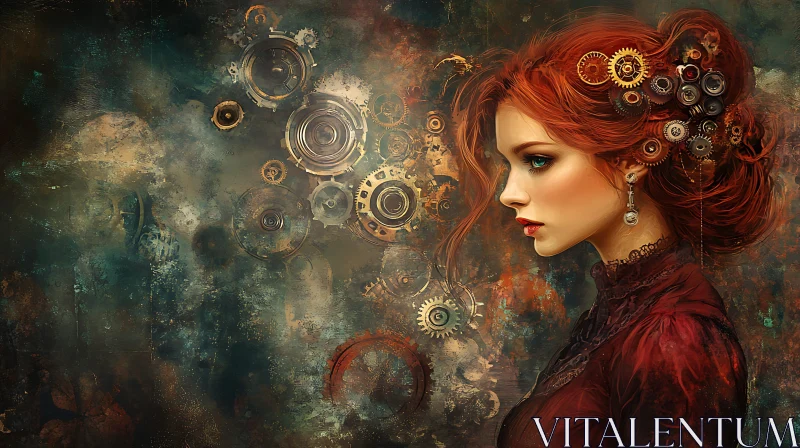 Profile of a Red-Haired Woman with Steampunk Gear Adornments Profile of a Red-Haired Woman with Steampunk Gear Adornments