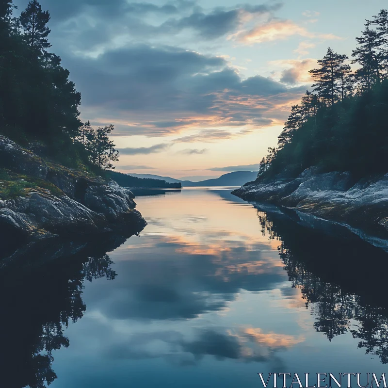 Tranquil Waters Reflecting Sunset with Rocky Shores Tranquil Waters Reflecting Sunset with Rocky Shores