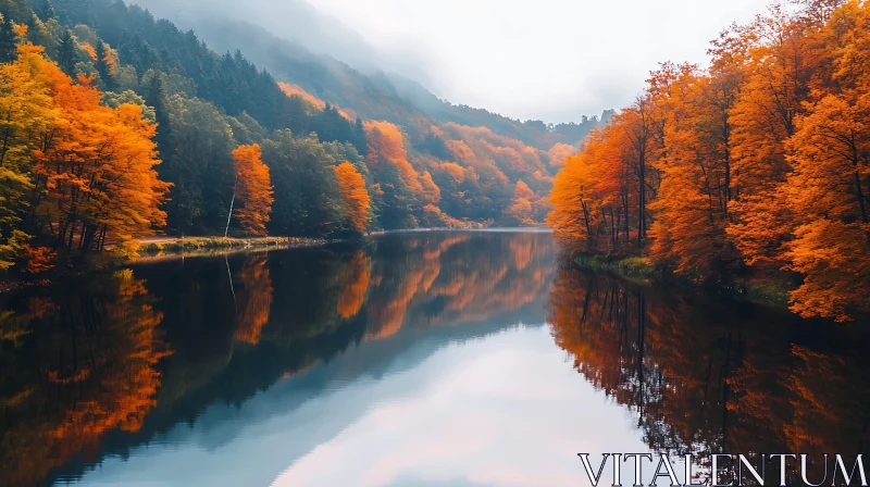 Serene Lake in Autumn with Vibrant Foliage and Mist Serene Lake in Autumn with Vibrant Foliage and Mist
