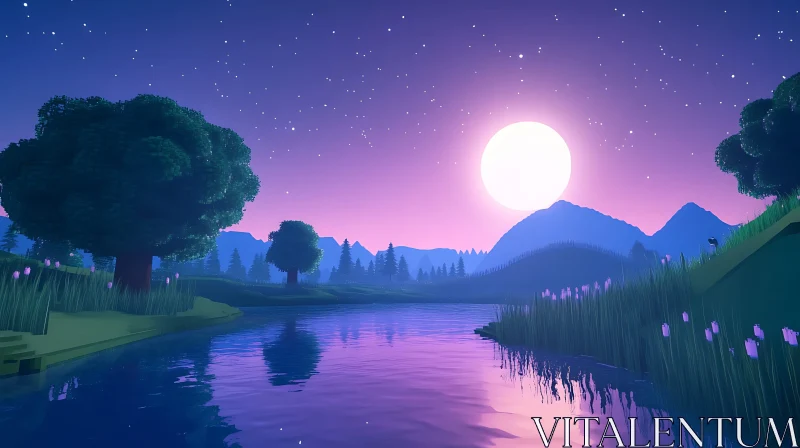 Moonlit Tranquil Lake with Mountains in the Background Moonlit Tranquil Lake with Mountains in the Background