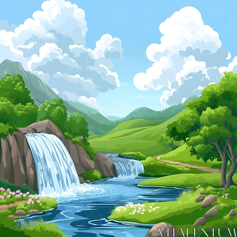 Tranquil Nature Scene with Waterfall and Rolling Hills AI Image