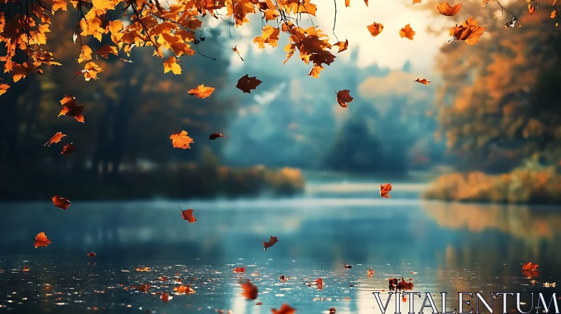 Golden Autumn Leaves Falling by a Tranquil Lake Golden Autumn Leaves Falling by a Tranquil Lake