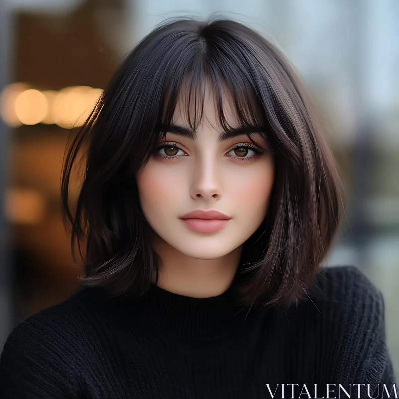 Stunning Brunette Woman with Bangs in Black Top Stunning Brunette Woman with Bangs in Black Top