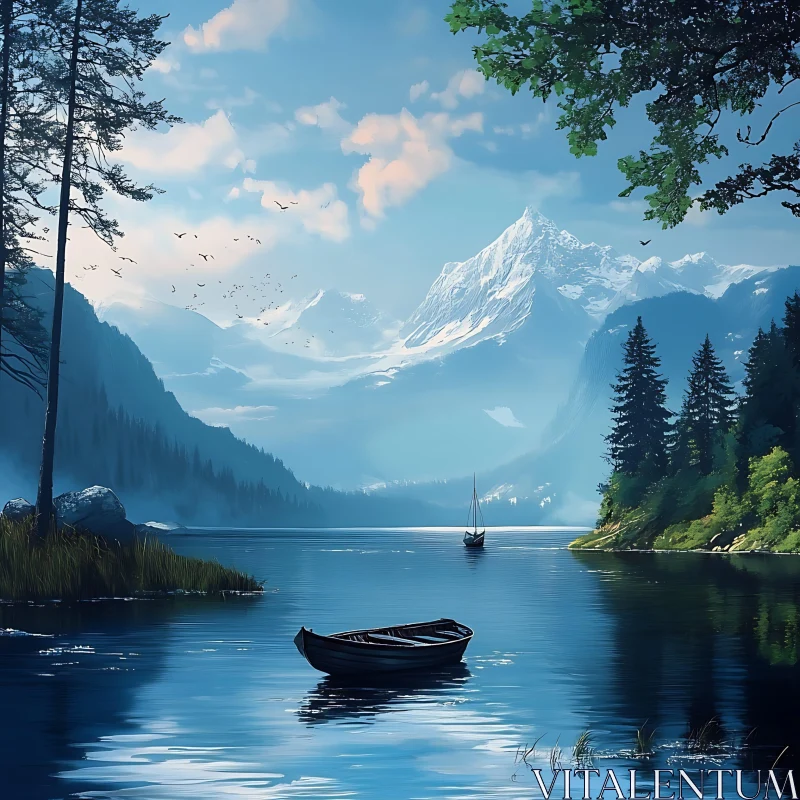 Peaceful Lake with Mountains and Boats Peaceful Lake with Mountains and Boats