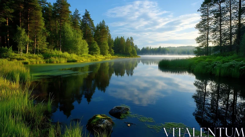 Tranquil Lake Scene with Mist and Trees Tranquil Lake Scene with Mist and Trees