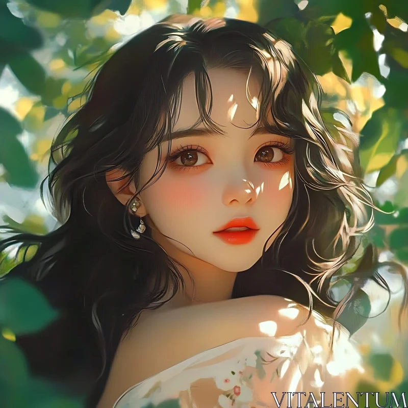 Captivating Woman in Sunlit Foliage