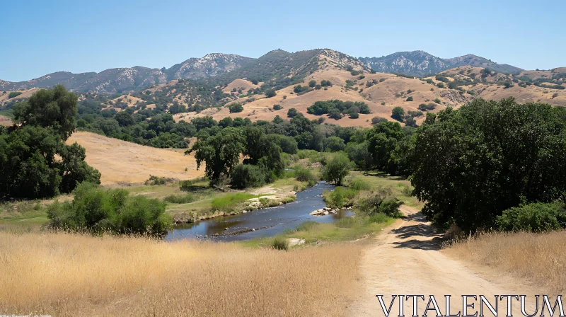 Tranquil River Flowing Through Grassy Hills Tranquil River Flowing Through Grassy Hills