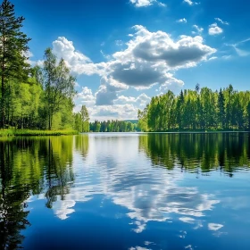 Tranquil Lake with Lush Forest Reflections Under Blue Sky