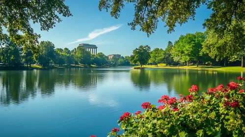 Peaceful Lake Scene with Vibrant Flowers