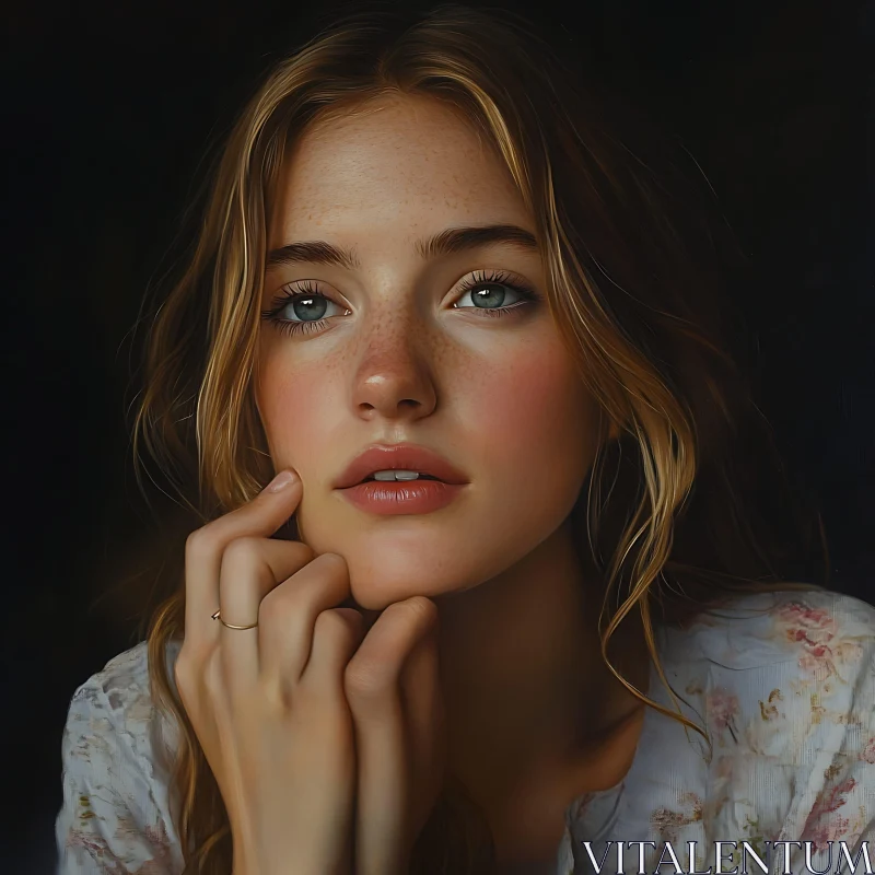 Thoughtful Female Portrait with Soft Lighting AI Image