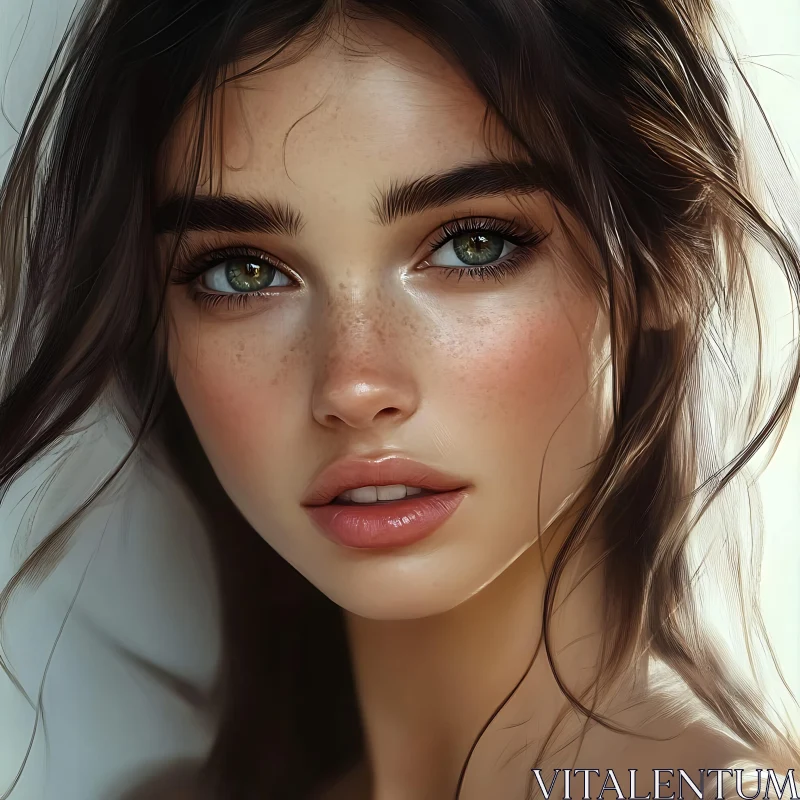 Young Woman with Dark Brown Hair and Hazel Eyes AI Image