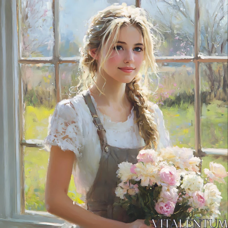 Sunlit Girl with Bouquet Near Window AI Image