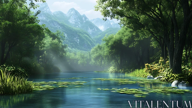 Peaceful Forest River Scene with Mountains AI Image