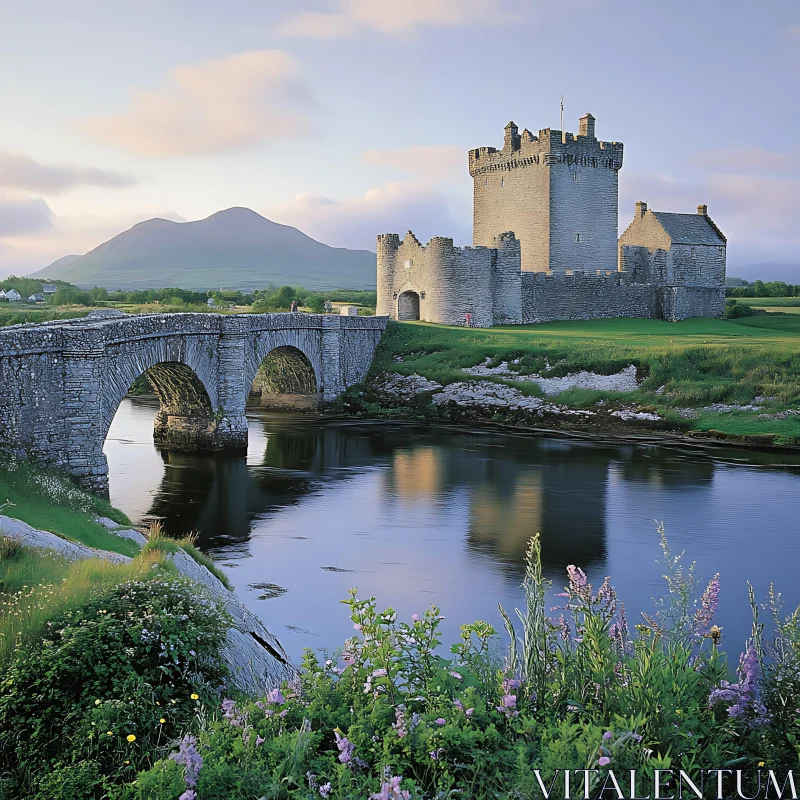 Historic Castle with Stone Bridge and River Scenery AI Image