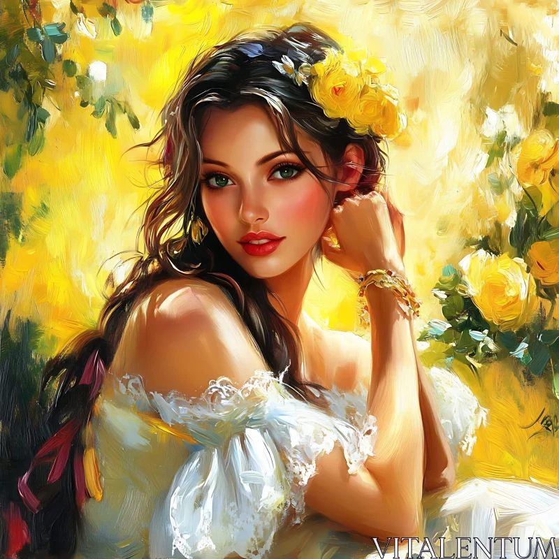 Elegant Woman Among Yellow Flowers AI Image