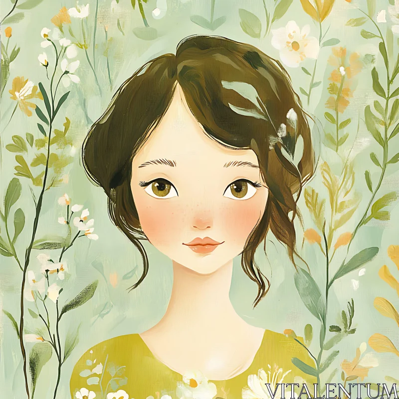 Delicate Female Illustration with Flowers AI Image