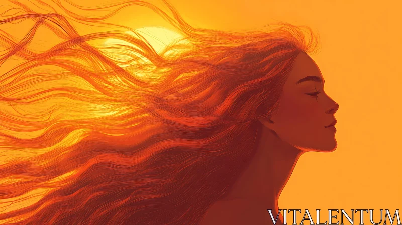 Sunlit Profile of a Woman with Wind-swept Hair AI Image