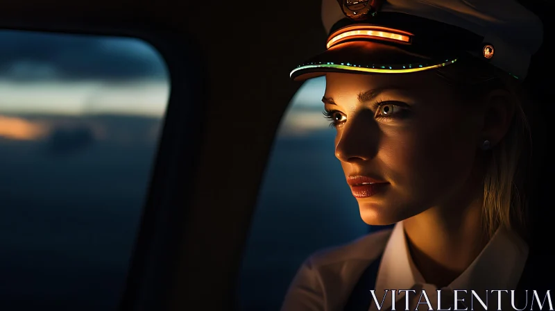 AI ART Pilot Gazes Out at Sunset Inside an Airplane