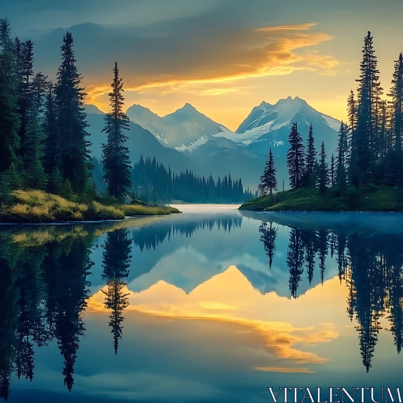 Sunrise over a Tranquil Lake with Mountain View AI Image