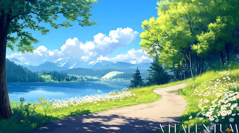 Scenic Lakeside Pathway and Mountain Landscape AI Image