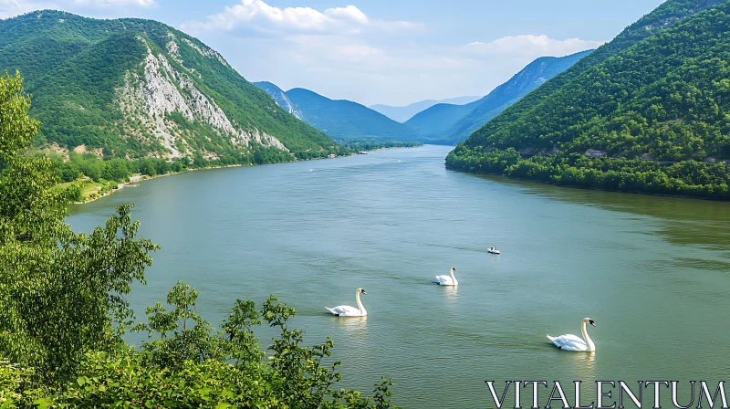 Tranquil River Scene with Graceful Swans AI Image