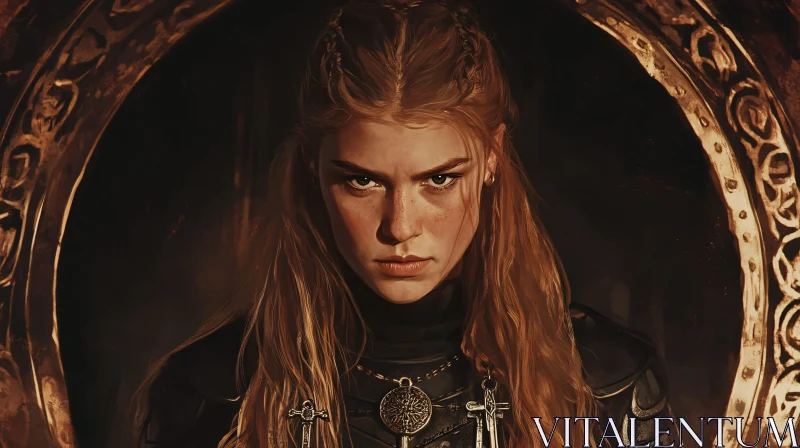 Intense Medieval Female Warrior with Blonde Hair AI Image