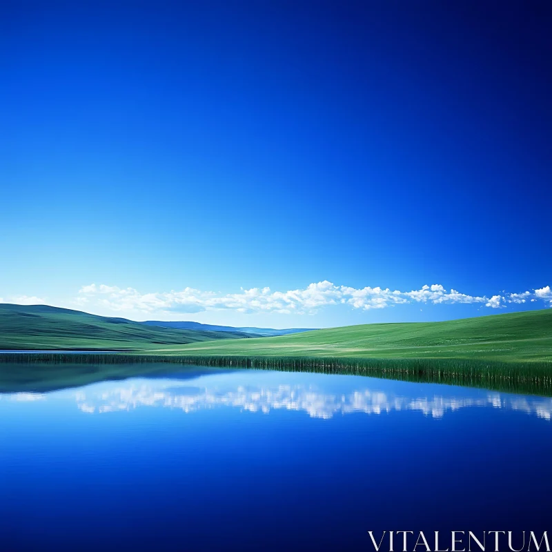 Tranquil Lake with Blue Sky and Lush Grasslands AI Image