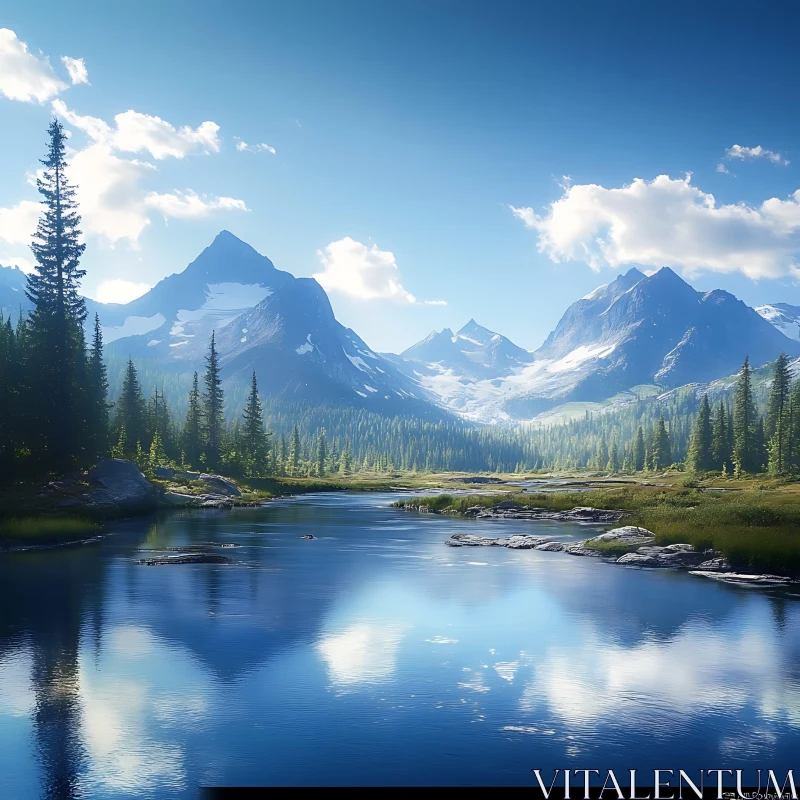 Mountain Majesty: Tranquil River and Verdant Forests AI Image