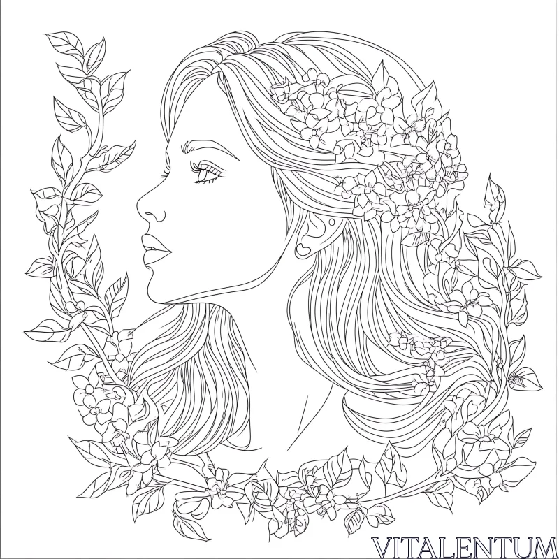 AI ART Line Art Woman with Flowers in Hair