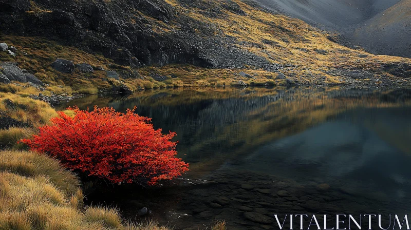 Peaceful Lakeside with Striking Red Bush in Rocky Landscape AI Image