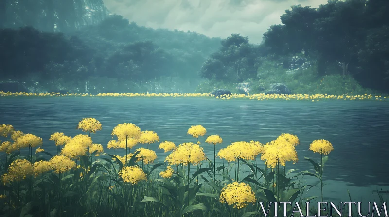 Tranquil Lakeside with Yellow Blossoms and Mist AI Image