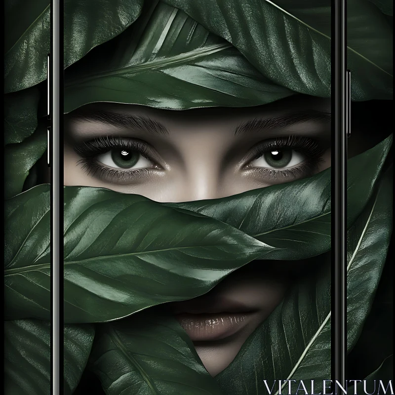 Surreal Nature-Themed Art with Woman's Face and Green Leaves AI Image