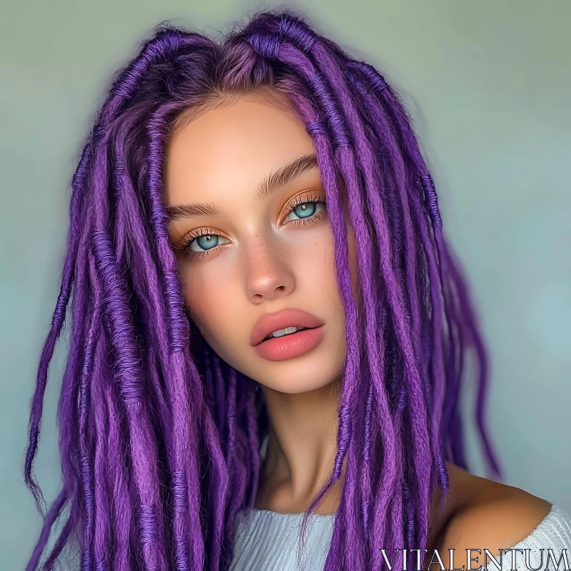 Portrait of Woman with Purple Hair Dreadlocks and Blue Eyes AI Image