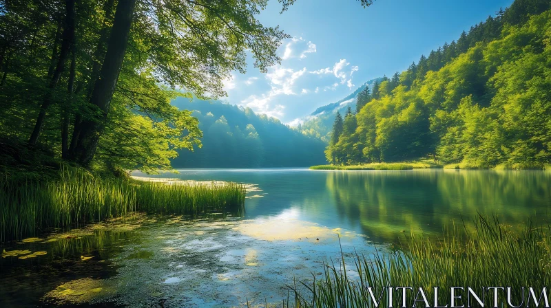 Idyllic Forest Lake with Sunlit Foliage AI Image