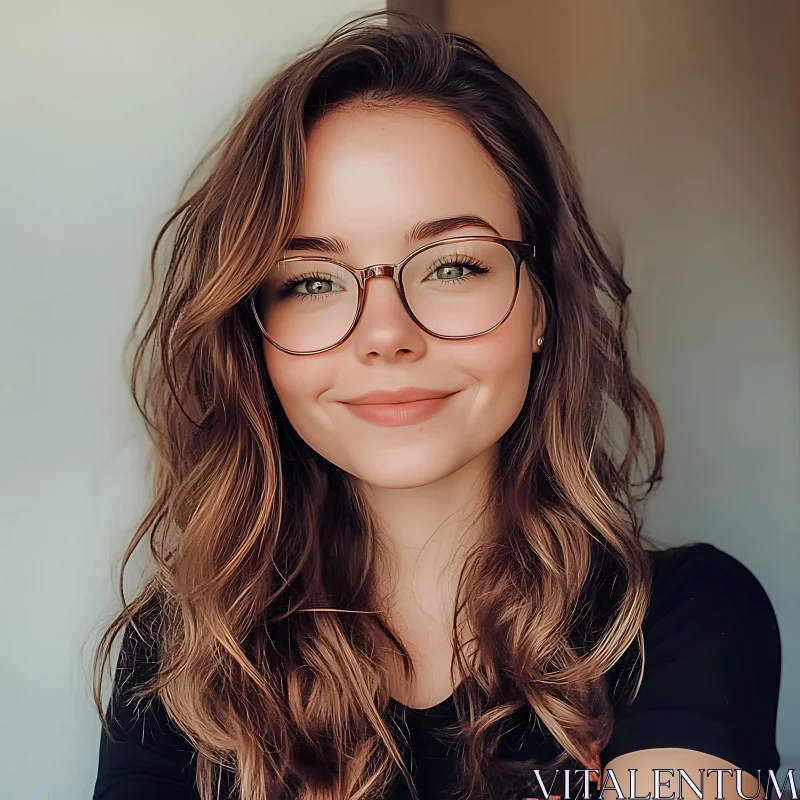 Smiling Woman in Glasses with Wavy Hair AI Image