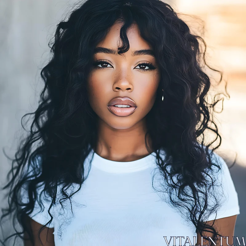 Curly-Haired Woman Portrait in White T-Shirt AI Image