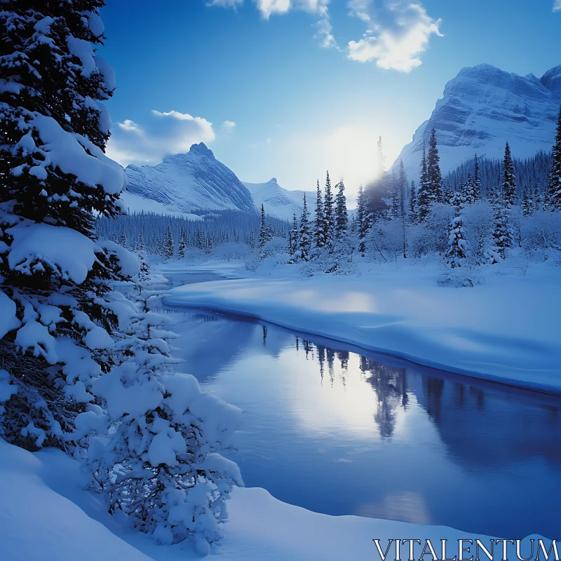 AI ART Tranquil Snowy Forest with River and Mountain Peaks at Sunrise