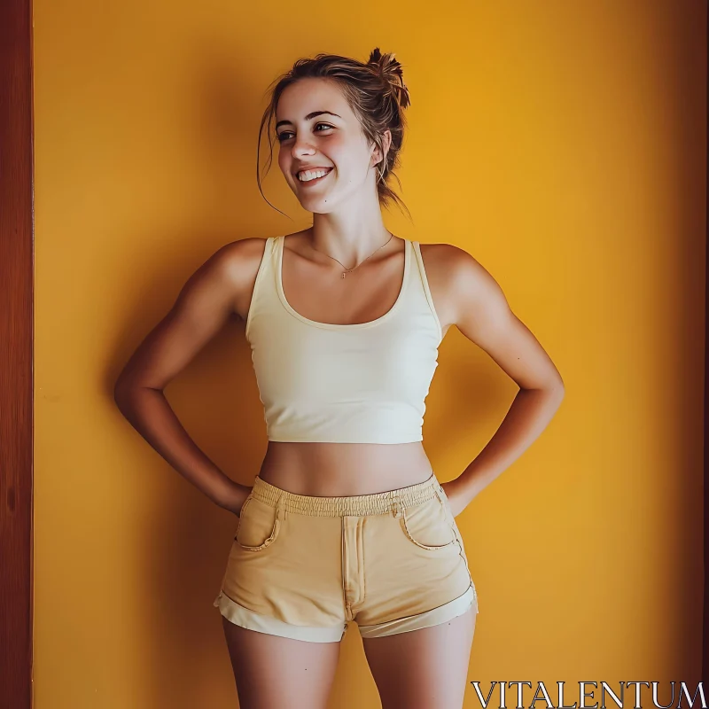 Smiling Woman in Yellow Clothes AI Image