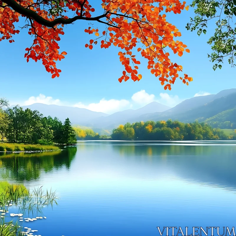 AI ART Serene Mountain Lake with Autumn Leaves