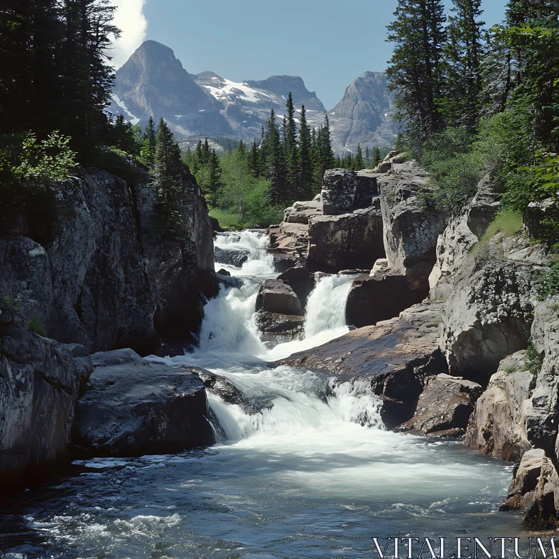 AI ART Vibrant Waterfall with Snow-Capped Peaks