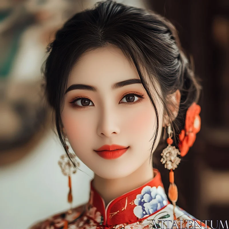 Traditional Woman Portrait with Red Lips and Earrings AI Image