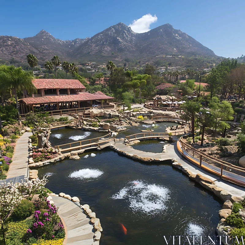 Beautiful Garden Pond with Bridges and Mountain Views AI Image