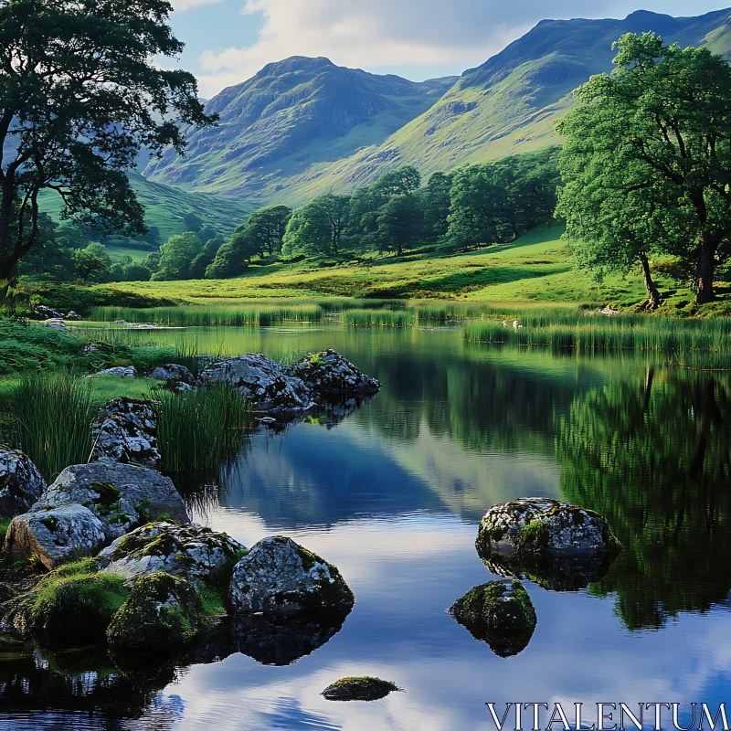 Tranquil Lake with Reflective Waters and Mountain Views AI Image