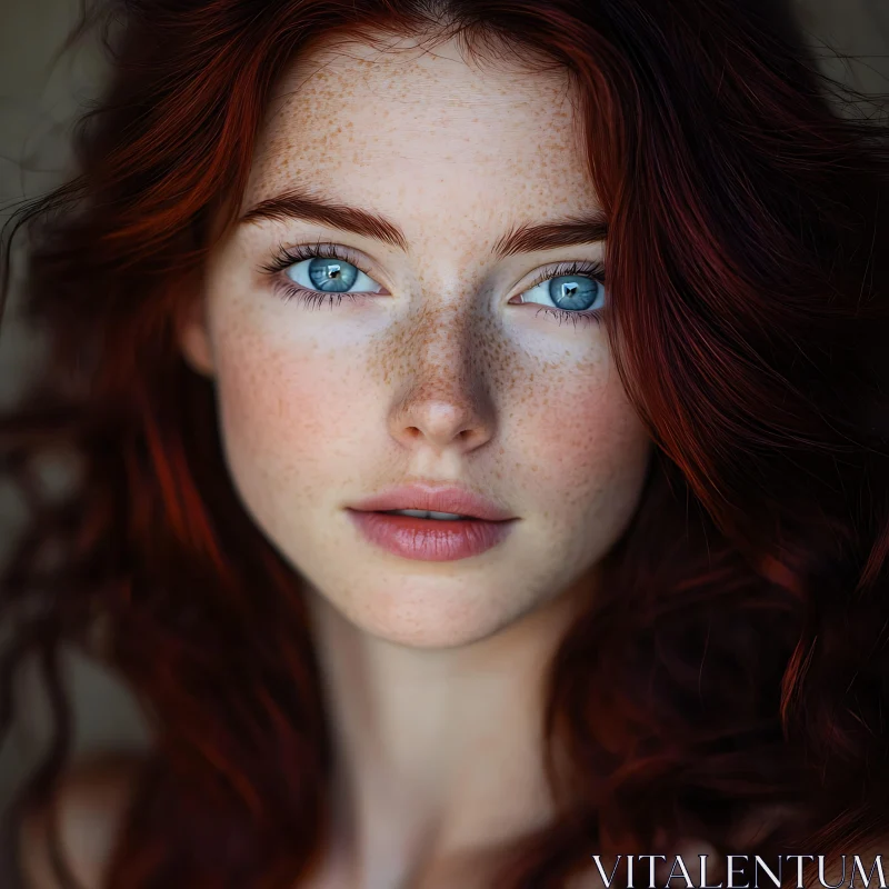 Freckled Woman with Blue Eyes and Red Hair Portrait AI Image