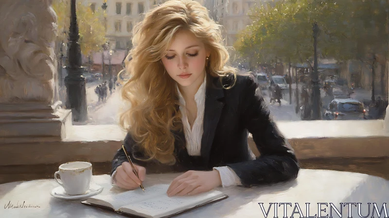 Blonde Woman in a Café Writing in a Notebook AI Image